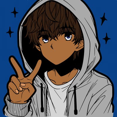 teenage manga boy in a hoodie, doing ✌