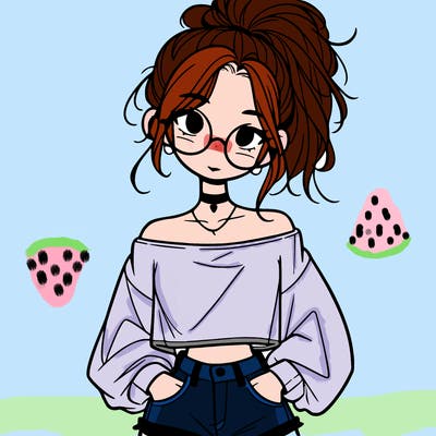 girl with a messy ponytail glasses a baggy crop top and jean shorts