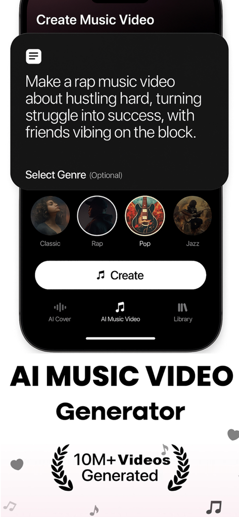 Rap AI - Make Music Videos - Rap AI app interface showing a text prompt for a rap music video with genre selection and a create button