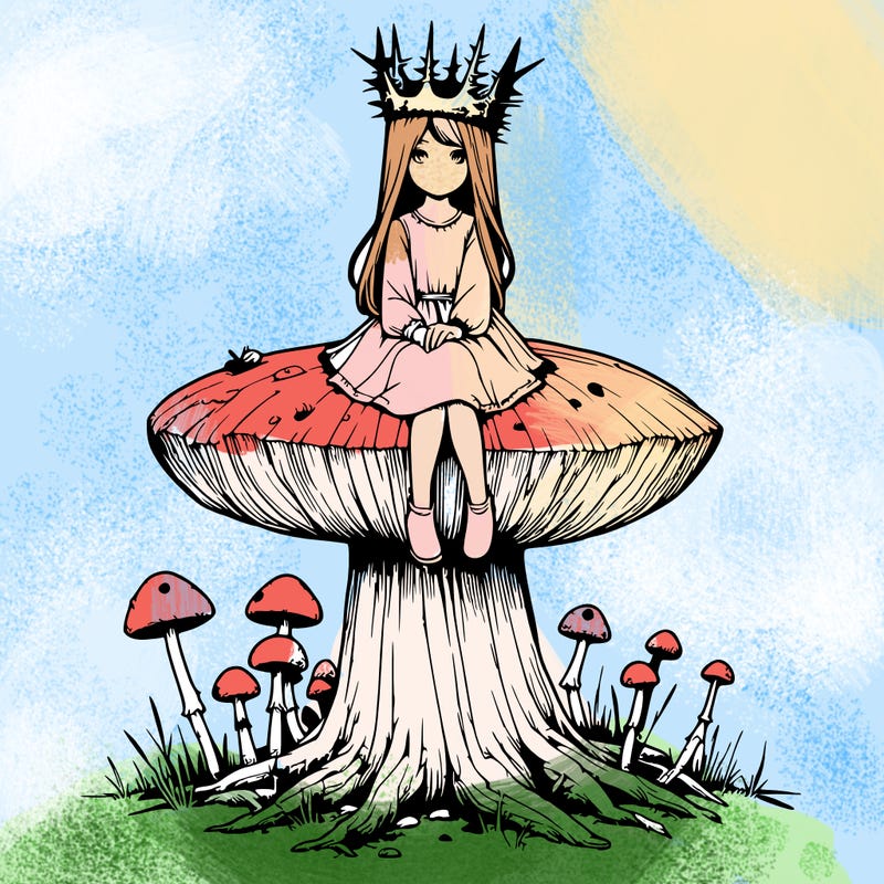 realistic girl sitting on a huge tree stump size toadstool with thorn crown