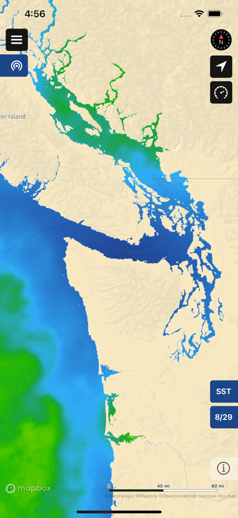 Interfaccia dell'app BigBlue che visualizza dati satellitari SST (temperatura superficiale del mare) su una mappa costiera per la pesca d'altura.