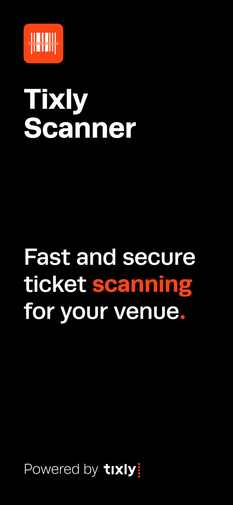 Pantalla de inicio de la aplicación Tixly Scanner que muestra escaneo de entradas rápido y seguro para recintos