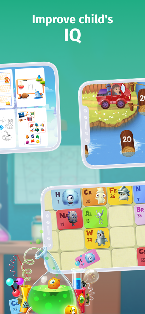 Screenshots of Intellecto Kids app showcasing educational games for science math and literacy