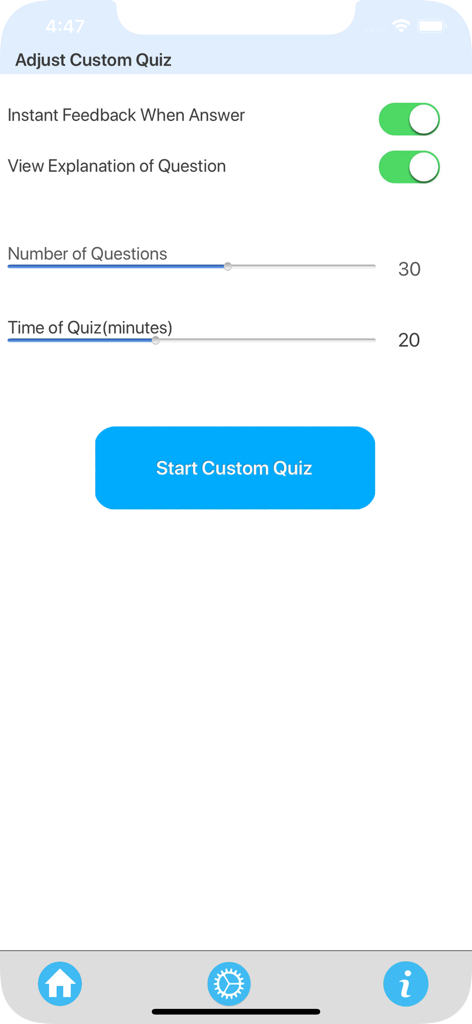 Tela de configurações de quiz personalizado para preparação de exames de anatomia veterinária.
