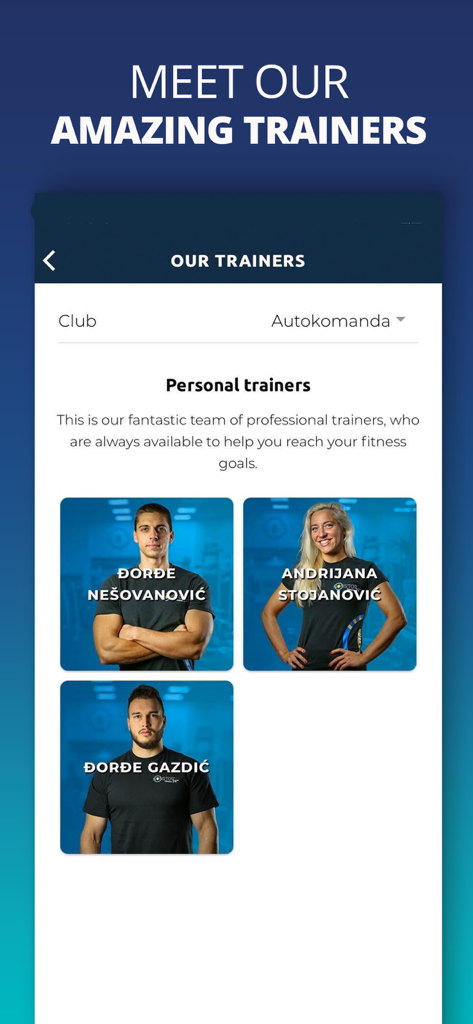 Screenshot of the Non Stop Fitness app showcasing a list of professional personal trainers with their photos and names