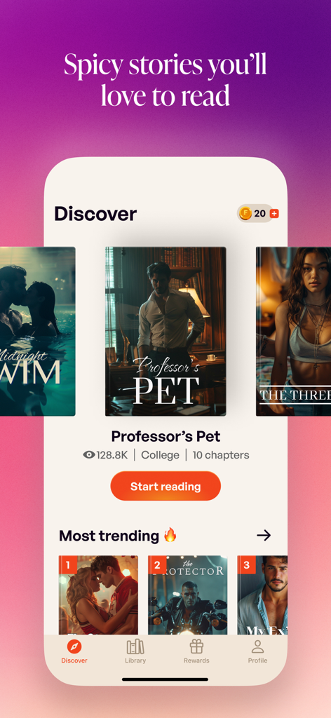 A tela Descobrir do aplicativo Fate Romance and Love Stories apresentando várias capas de livros de romance como "Professors Pet" e "Midnight Swim"