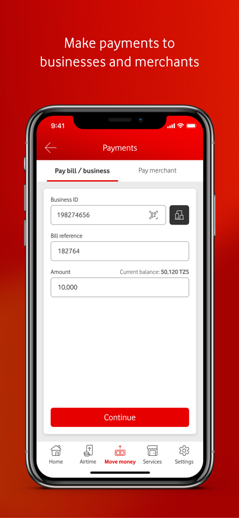 M-Pesa Tanzania app interface showing a payment form to pay bills or businesses with fields for Business ID and bill reference