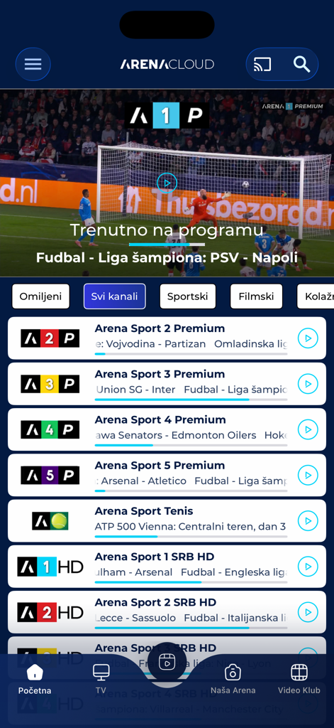 Oberfläche der Arena Cloud App, die eine Liste von Live-Sportkanälen und eine Fußballübertragung anzeigt