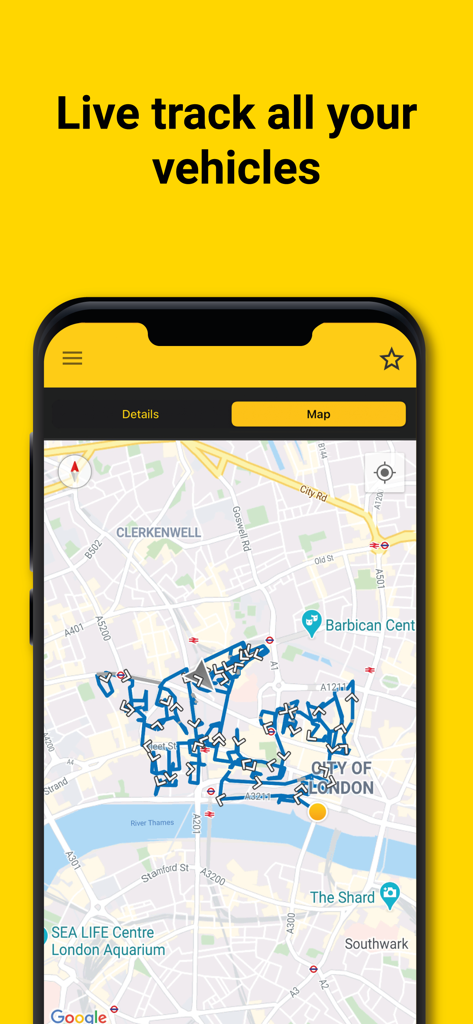 RWIS - RWIS Mobile App-Oberfläche mit Echtzeit-Fahrroutenverfolgung auf einer interaktiven Stadtkarte.