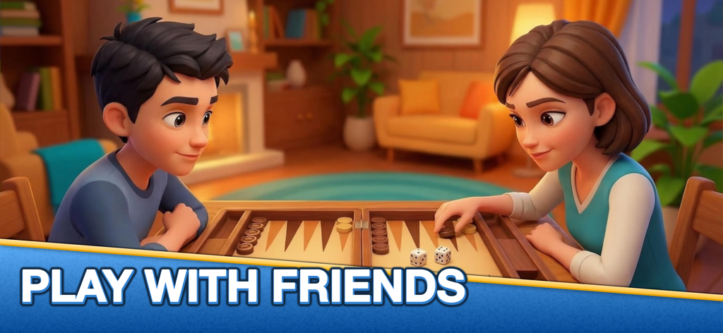 Zwei Personen spielen Backgammon in einem gemütlichen Raum mit dem Text „Mit Freunden spielen“