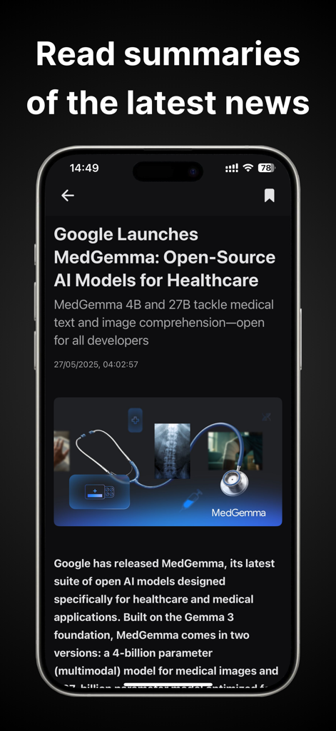 AI News: Tensor AI - Aplicación Tensor AI que muestra un artículo de noticias resumido sobre los modelos de IA de atención médica MedGemma de Google