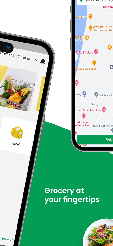 Order Up -Order Food & Grocery - Mobile app screens showing food and grocery delivery options with a real-time tracking map for the Turks and Caicos Islands