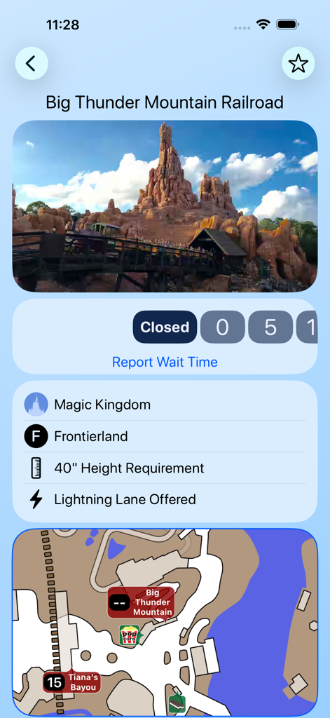 Tela do aplicativo mostrando o status da atração Big Thunder Mountain Railroad e o mapa