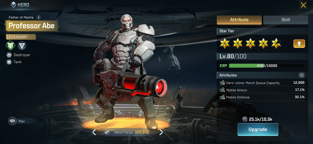 Interface du personnage du Professeur Abe, un héros tank légendaire dans Marsaction 2, tenant une grande arme mécanique