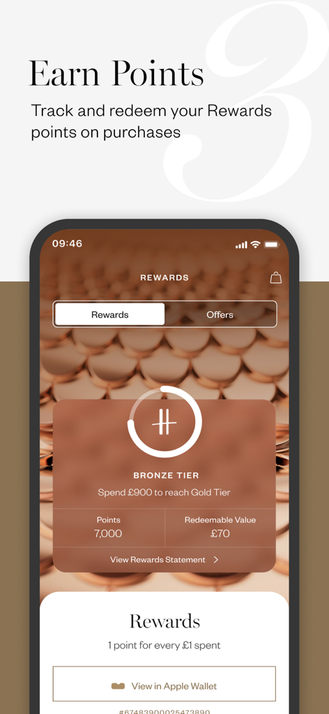 Sección de Recompensas de la aplicación móvil Harrods que muestra el saldo de puntos y el nivel de fidelidad