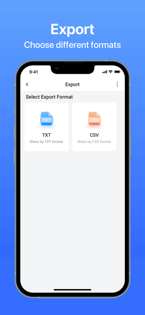Schermata dell'app mobile QR Explore che mostra le opzioni per esportare i dati in formati TXT o CSV.