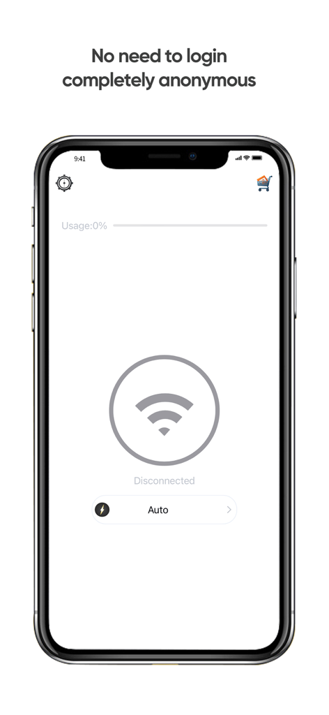 OutVPN mobile app interface showing a one-tap connection screen with no login required for anonymity