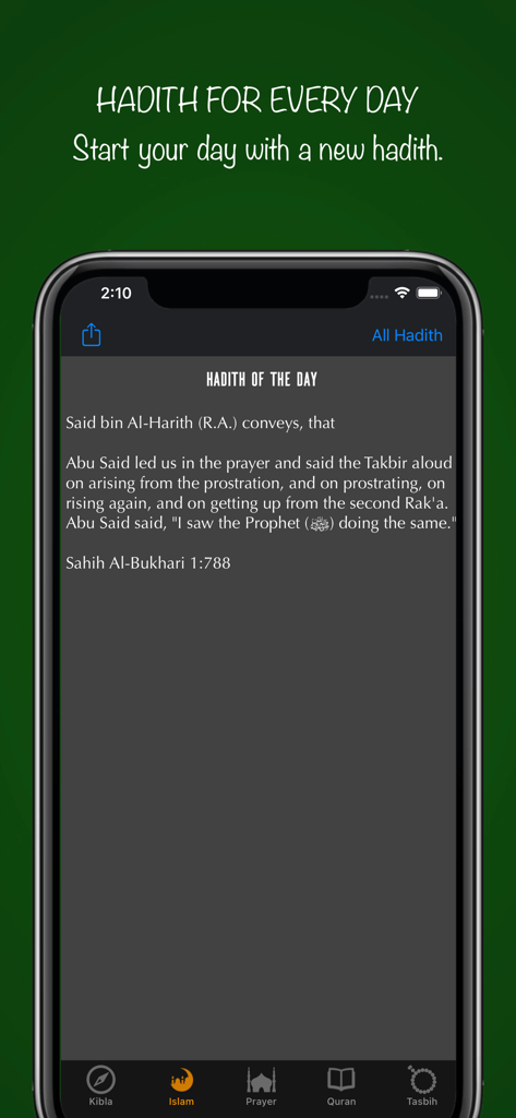 Muslim Watch - Muslim Watch app interface displaying a daily Hadith from Sahih Al-Bukhari