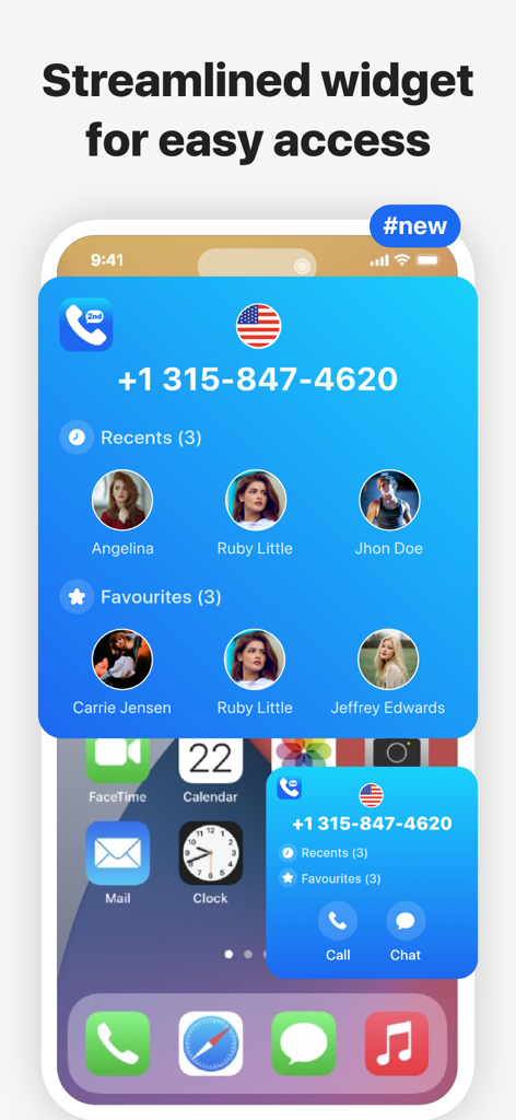 iPhone home screen showing a 2nd Line app widget with a US phone number and contact shortcuts