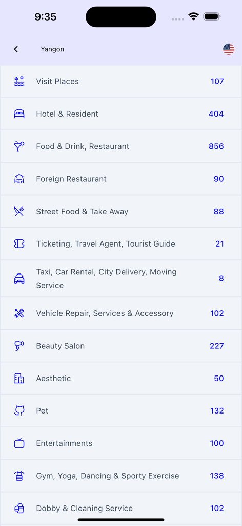 Visit 77 : Travel Platform - Categories of local businesses and services in Yangon on the Visit 77 app