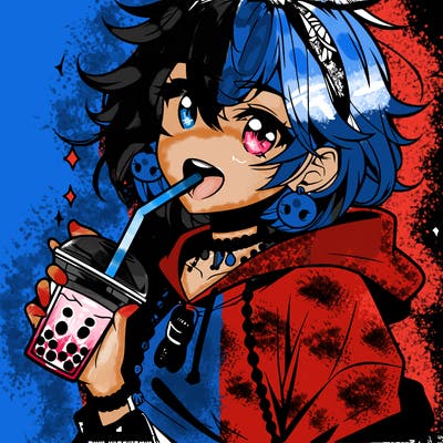 hot baddie anime girl drinking boba and biting the straw