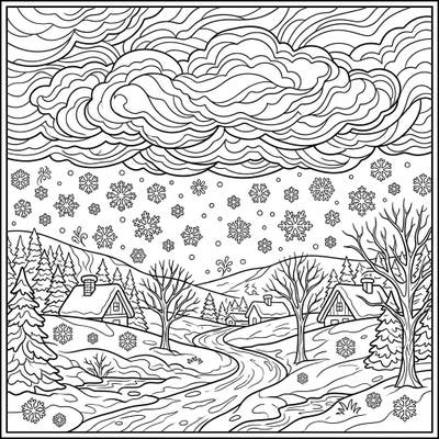 Immerse yourself in a beautiful winter wonderland with this captivating coloring page, featuring a serene landscape under nimbostratus clouds. Delicate snowflakes drift down, inviting you to add vibrant color to cozy cabins and snow-laden trees.