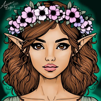 realistic female elf with flower crown