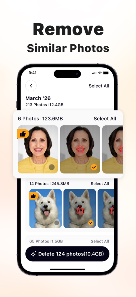 Clear Nest app interface demonstrating how to identify and remove similar photos to free up storage space on an iPhone