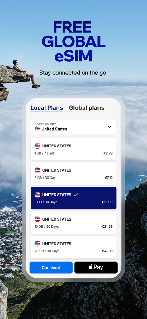 Xe Send Money & Currency - Interface do aplicativo Xe mostrando planos de dados eSIM globais para viajantes internacionais.