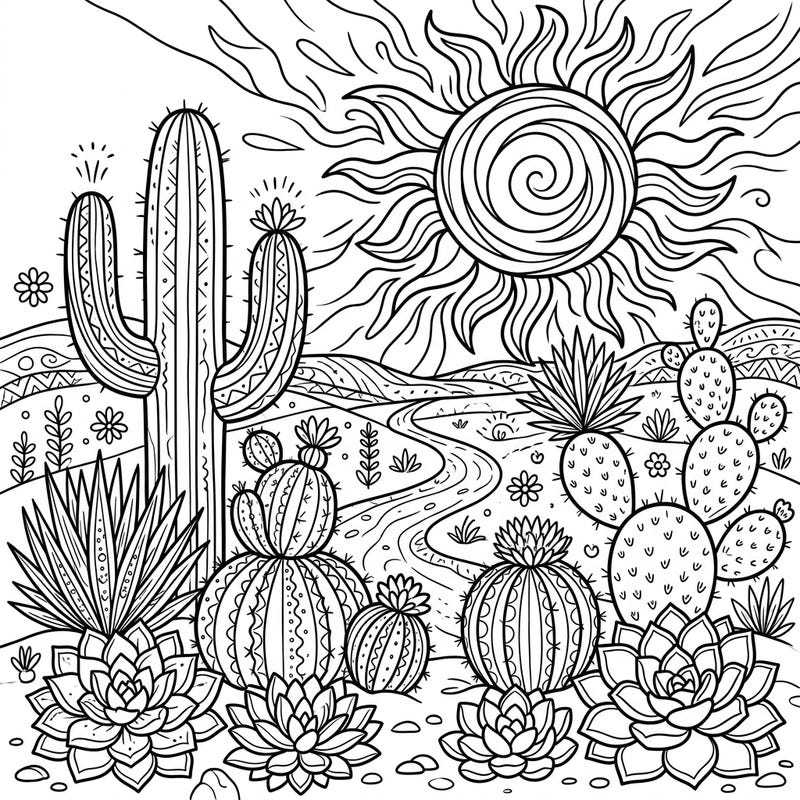 Embark on a creative journey with this detailed coloring page featuring a lively desert scene under the summer sun. Explore a variety of cacti and succulents, ready to be brought to life with your favorite colors.