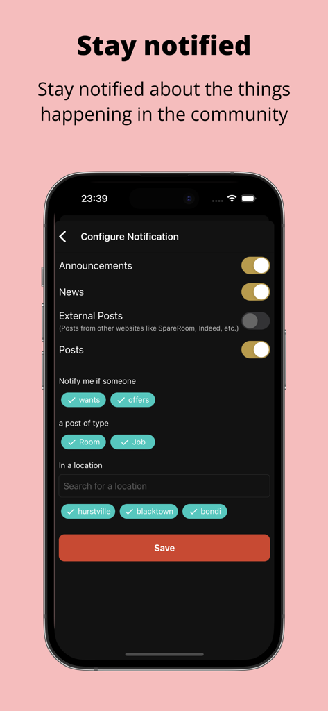 Kaam Kotha - Bildschirm der Kaam Kotha App zur Konfiguration von Community-Benachrichtigungen für Jobs und Mietangebote