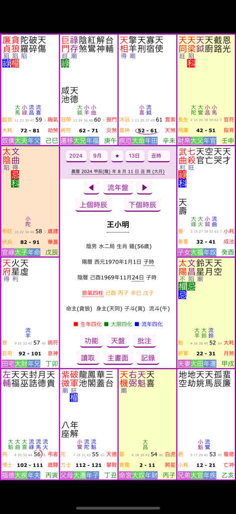 A detailed Zi Wei Dou Shu astrology chart display on a mobile screen