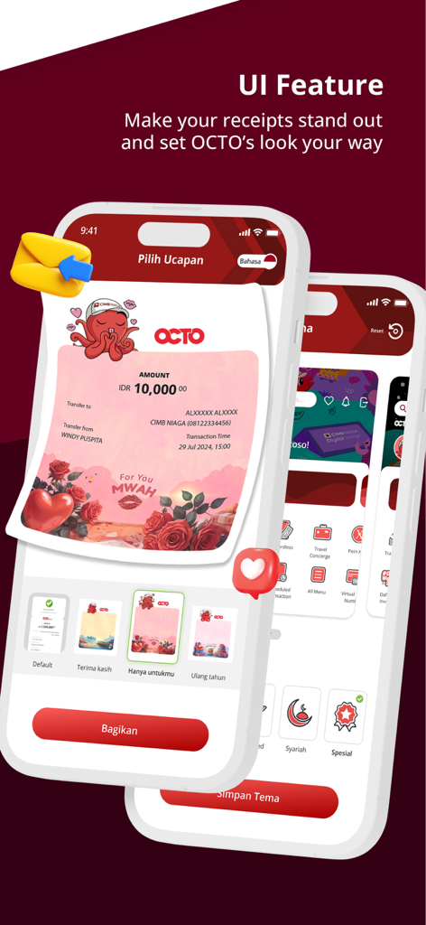 OCTO by CIMB Niaga - OCTO by CIMB Niaga App-Funktion zum Erstellen personalisierter Transaktionsbelege mit dekorativen Themen