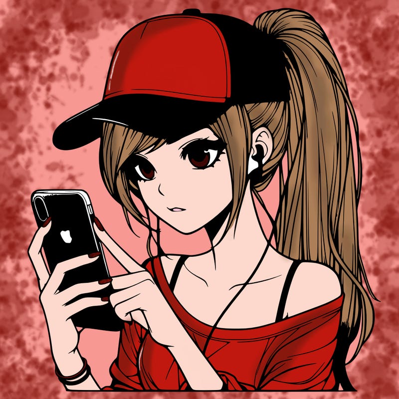 realistic girl with a long ponytail and trucker hat holding an iphone