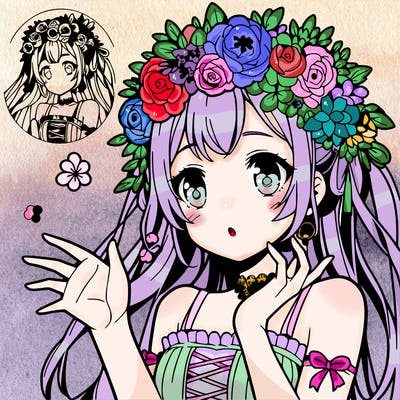 girl with flowers crown anime girl