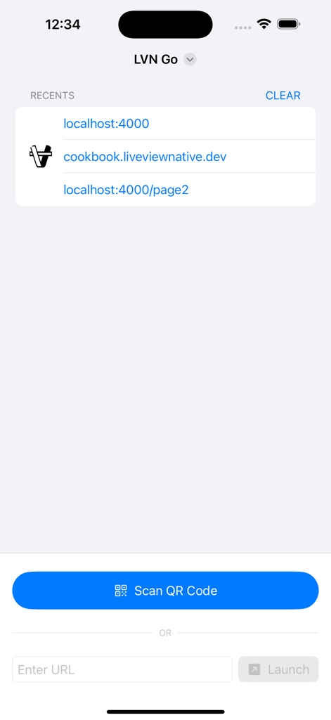 LVN Go - Interface do aplicativo LVN Go mostrando URLs recentes de servidores Phoenix e opção de escanear código QR