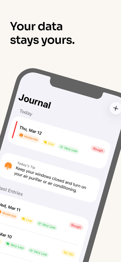 Pollen Buddy – Allergy Tracker - Screenshot of the Pollen Buddy app showing the allergy journal screen with daily pollen forecasts and a health tip