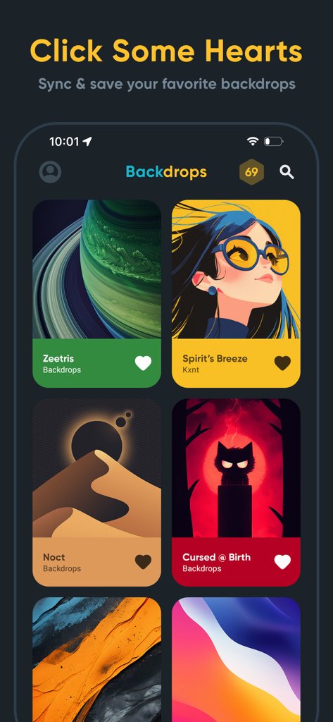 Eine mobile App-Oberfläche, die ein Raster aus hochwertigen künstlerischen Hintergrundbildern mit Herz-Symbolen zum Favorisieren anzeigt.