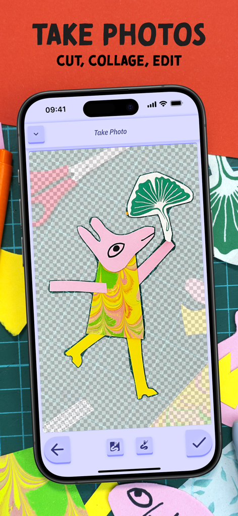 Downpour — make a game - Interface of the Downpour app showing a character being created with digital collage and cutout tools