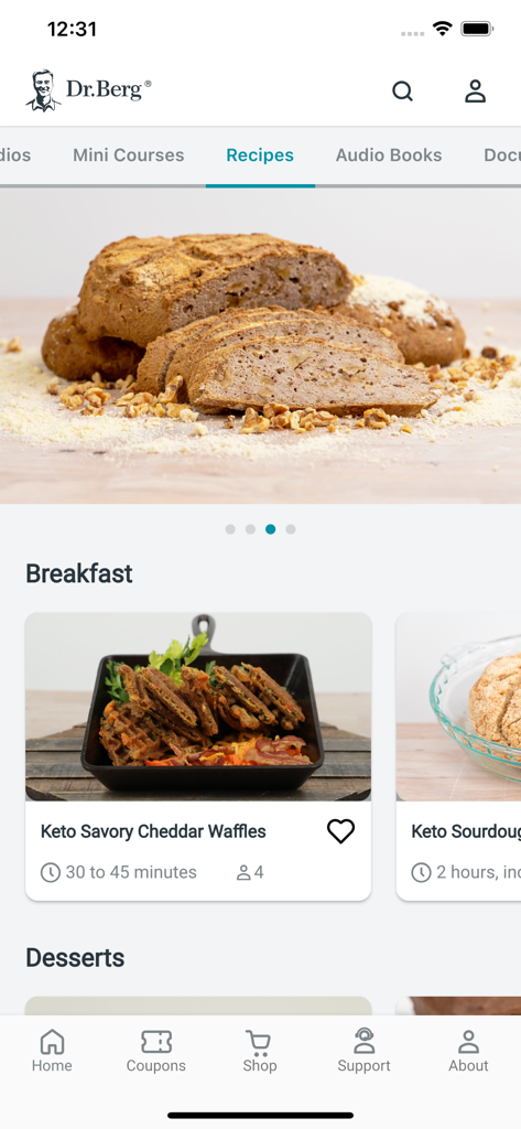 Dr. Berg - Dr. Berg app recipes screen showing healthy keto breakfast options like savory cheddar waffles