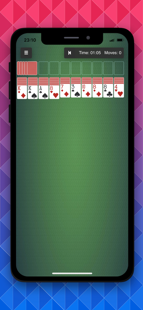 B6 Solitaire: 18 Classic Games - Mobile gameplay of B6 Solitaire showing a classic card layout on a green felt background with a timer and move counter