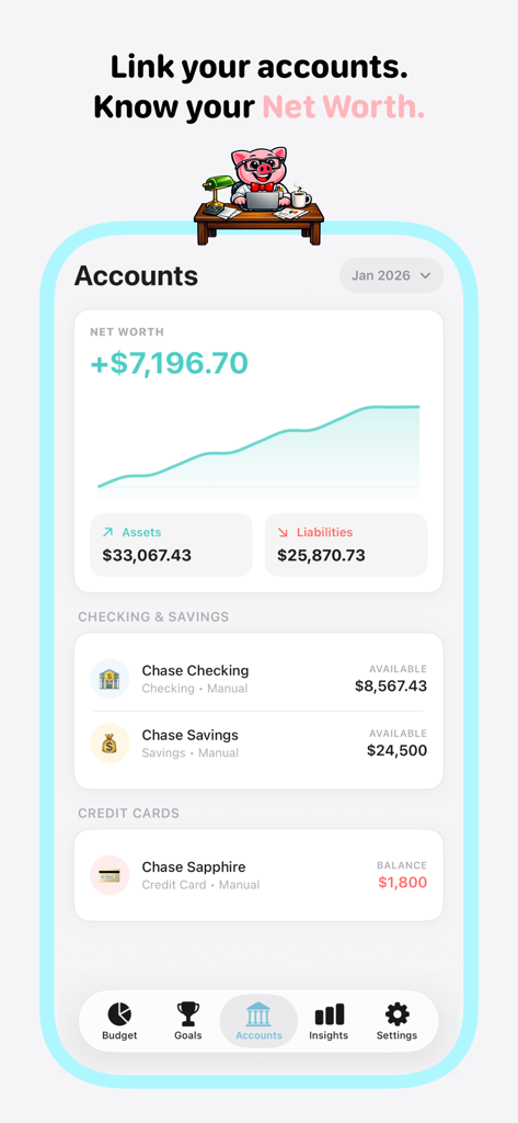 Flow: Simple Budget Tracker - Flow app accounts screen displaying net worth graph and bank account balances