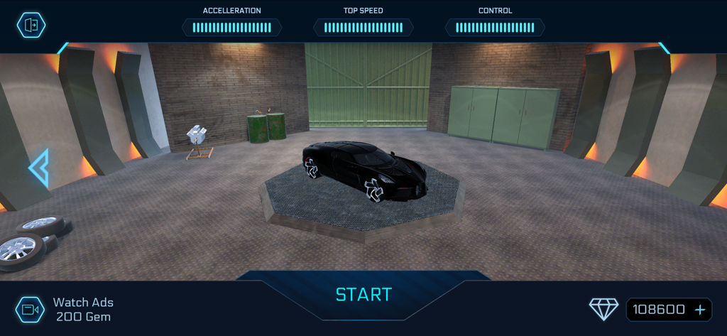 Bugatti Parking - Un'ipercar Bugatti nera in un garage virtuale con statistiche di accelerazione e velocità massima