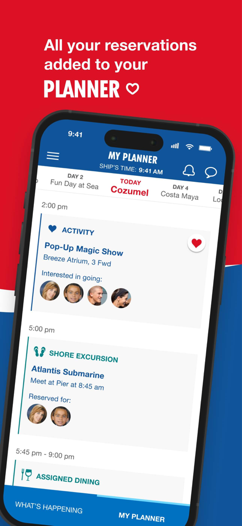 Carnival HUB app My Planner screen showing scheduled cruise activities like a magic show and submarine shore excursion.