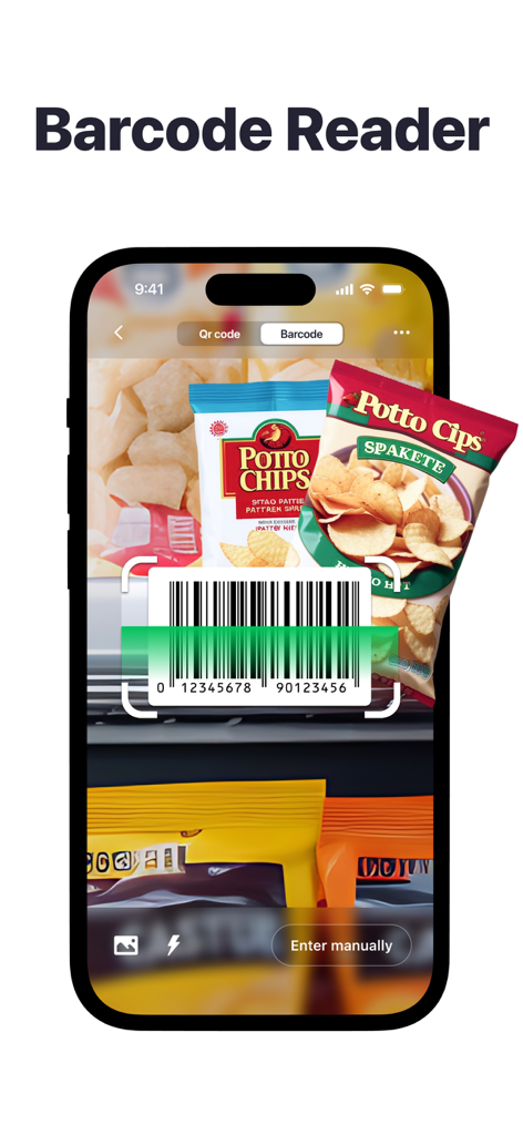 QR Code & Barcode－Scanner App - iPhone screen showing the barcode reader app scanning a product barcode