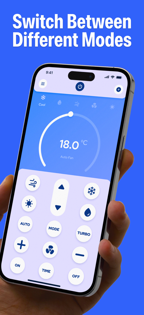 Um iPhone exibindo a interface do aplicativo Air Conditioner AC Remote com vários modos de resfriamento e configurações de temperatura.