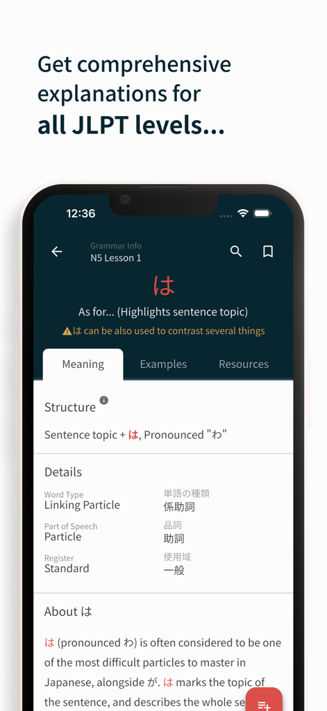 Bunpro Japanese SRS - Screenshot of the Bunpro app showing a detailed grammar lesson for the Japanese particle wa with meaning, examples, and resources tabs.