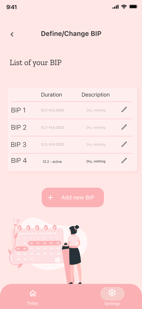 Lista de Padrões Inférteis Básicos BIP no aplicativo de fertilidade Evelyn