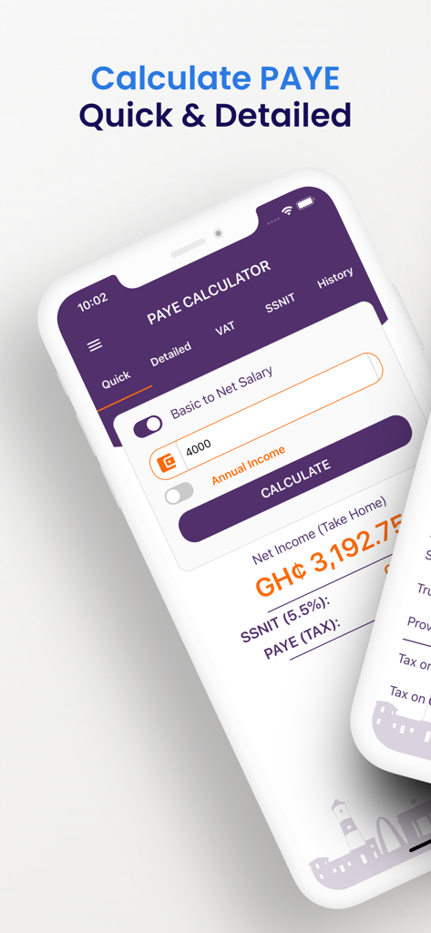 Interface of the Ghana PAYE and SSNIT calculator app showing a net salary calculation