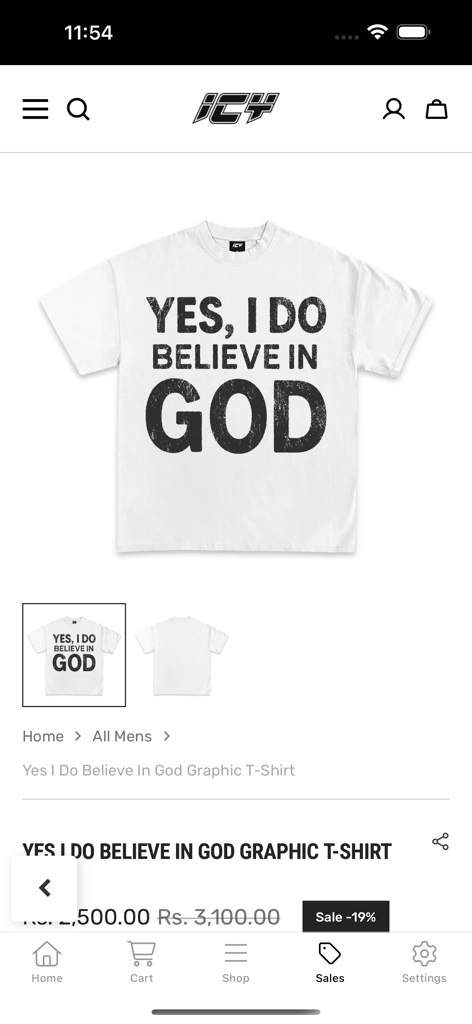 A white graphic t-shirt with the text Yes I Do Believe In God displayed on the Wear Icy mobile app product page.
